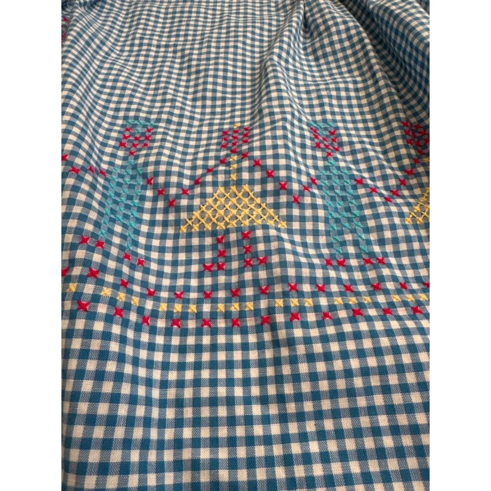 Vintage Blue Gingham Hand Embroidered Half Apron Cross Stitch People Folk Art